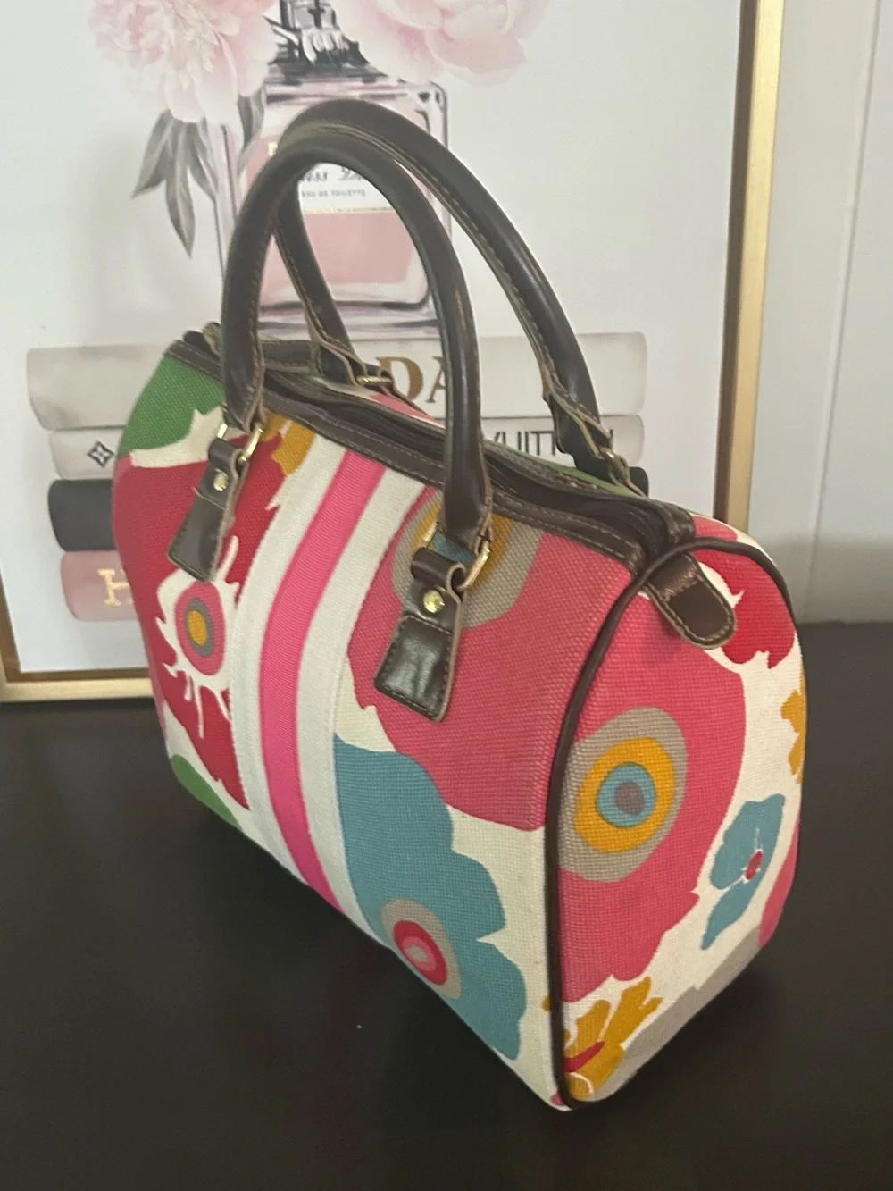 Vintage Y2K Victoria’s Secret Floral Canvas Satchel Handbag Striped Bowling bag